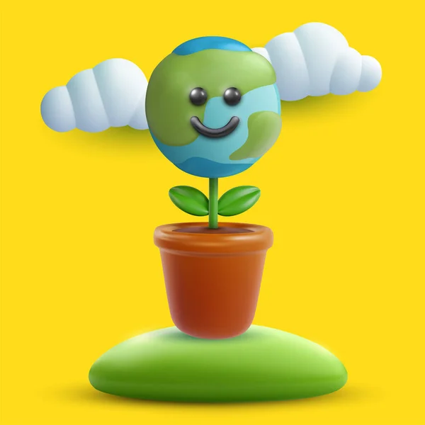 Cartoon Cute Earth Planet Character Clouds Plant Pot Realistic Minimal — Stock Vector