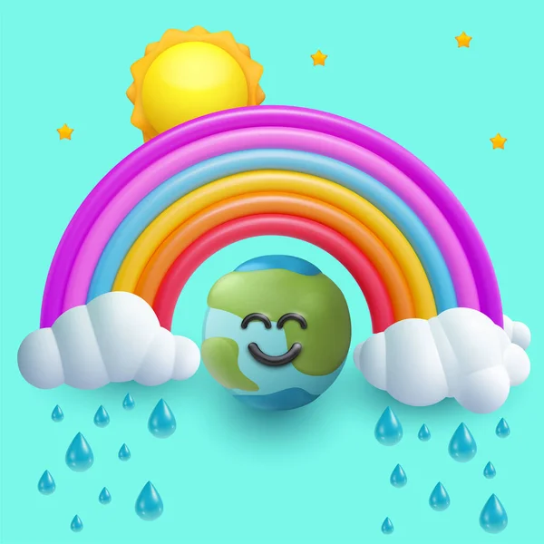 Kartun Lucu Tersenyum Karakter Planet Bumi Dengan Pelangi Awan Hujan - Stok Vektor