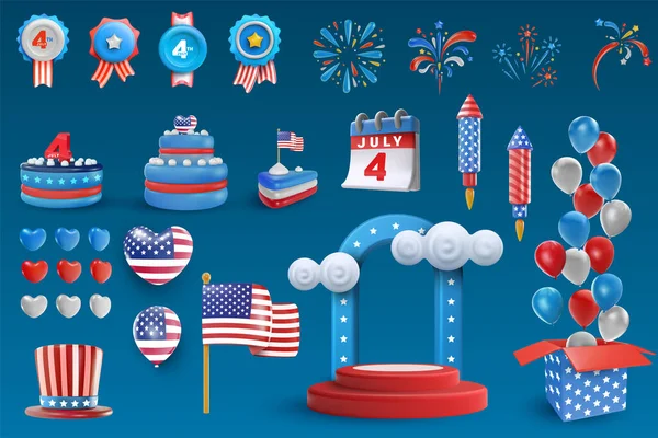 为美国独立日设置节日艺术品 美国全国庆祝设计元素 明亮的矢量3D漫画插图以最小的写实主义风格 — 图库矢量图片