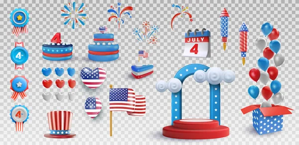 为美国独立日设置节日艺术品 美国全国庆祝设计元素 明亮的矢量3D漫画插图以最小的写实主义风格 — 图库矢量图片