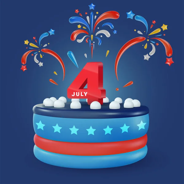 红色4号的蛋糕和烟火美国独立日的节日艺术品 美国全国庆祝设计元素 明亮的矢量3D漫画插图以最小的写实主义风格 — 图库矢量图片