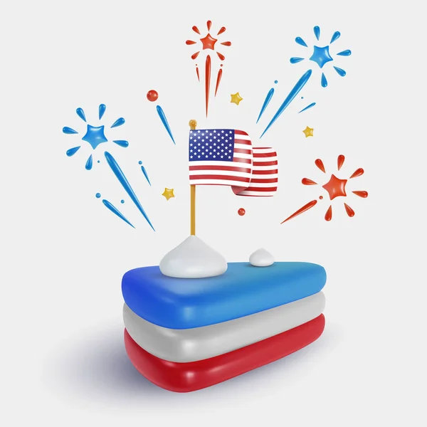 带有国旗和烟火的美味蛋糕 美国独立日的节日艺术品 美国全国庆祝设计元素 明亮的矢量3D漫画插图以最小的写实主义风格 — 图库矢量图片