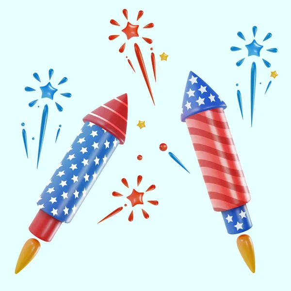 烟火火箭和爆炸 美国独立日的节日艺术品 美国全国庆祝设计元素 明亮的矢量3D漫画插图以最小的写实主义风格 — 图库矢量图片