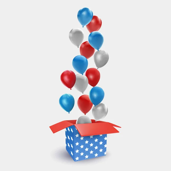 打开装有彩球的礼品盒 美国独立日的节日艺术品 美国全国庆祝设计元素 明亮的矢量3D漫画插图以最小的写实主义风格 — 图库矢量图片