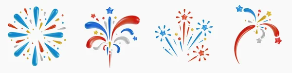 设置各种生动的烟火爆炸 美国独立日的节日艺术品 美国全国庆祝设计元素 明亮的矢量3D漫画插图以最小的写实主义风格 — 图库矢量图片