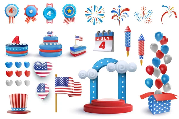 Встанови Святковий Арт Єкт Дня Незалежності Прапор Значок Феєрверк Кулька — стоковий вектор