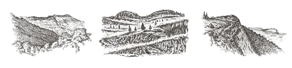 Zestaw Górski Kamienny Krajobraz Drzewami Ręcznie Rysowane Stylu Szkic Vintage — Wektor stockowy