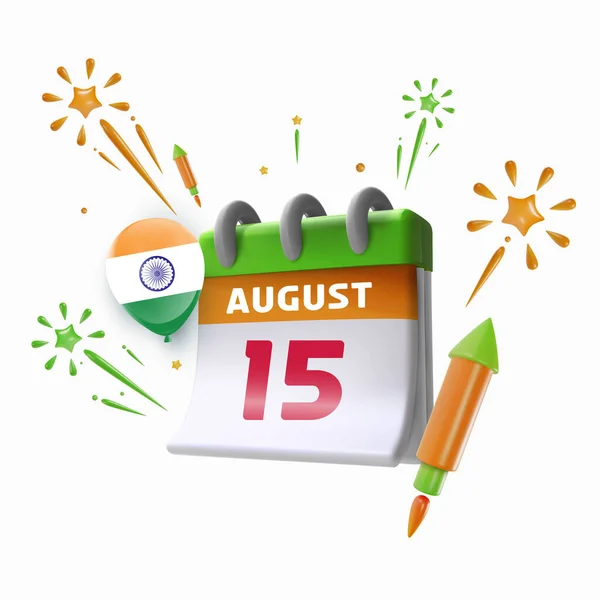 8月15日の祝日の要素を持つカレンダー フェスティバルアートオブジェクトの独立記念日 インドの国民のお祝いのデザイン 最小限の現実的なスタイルで明るいベクトル3D漫画イラスト — ストックベクタ
