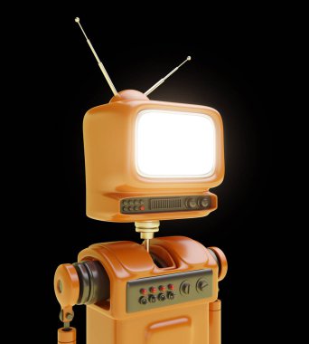 Kafası eski bir retro televizyona benzeyen 3D parlak robot karakter ya da gerçekçi, şirin çizgi film tarzı bir monitör. Dost canlısı sayborgun teknoloji yaratıcı tasarım portresi. Canlı canlandırma çizimi.