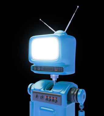 Kafası eski bir retro televizyona benzeyen 3D parlak robot karakter ya da gerçekçi, şirin çizgi film tarzı bir monitör. Dost canlısı sayborgun teknoloji yaratıcı tasarım portresi. Canlı canlandırma çizimi.