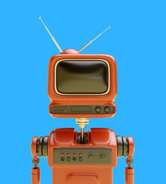 Kafası eski bir retro televizyona benzeyen 3D parlak robot karakter ya da gerçekçi, şirin çizgi film tarzı bir monitör. Dost canlısı sayborgun teknoloji yaratıcı tasarım portresi. Canlı canlandırma çizimi.