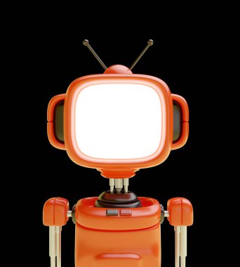 Kafası eski bir retro televizyona benzeyen 3D parlak robot karakter ya da gerçekçi, şirin çizgi film tarzı bir monitör. Dost canlısı sayborgun teknoloji yaratıcı tasarım portresi. Canlı canlandırma çizimi.