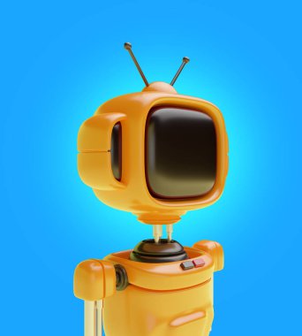 Kafası eski bir retro televizyona benzeyen 3D parlak robot karakter ya da gerçekçi, şirin çizgi film tarzı bir monitör. Dost canlısı sayborgun teknoloji yaratıcı tasarım portresi. Canlı canlandırma çizimi.