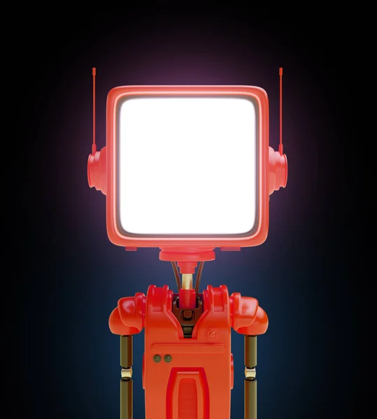 古いレトロなテレビや現実的なかわいい漫画スタイルのモニターの形で頭を持つ3D明るいロボットキャラクター フレンドリーなサイボーグの技術創造的なコンセプトデザインの肖像画 鮮やかなレンダリングイラスト — ストック写真