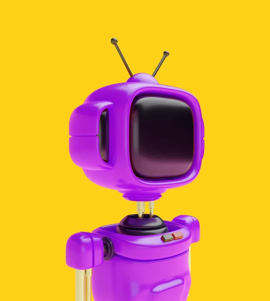 3D明亮的机器人角色 头像老式复古电视或显示器 具有逼真可爱的卡通风格 友好的机器人的技术创意概念设计肖像 Vivid演示 — 图库照片