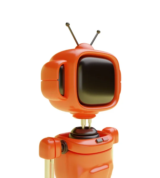 古いレトロなテレビや現実的なかわいい漫画スタイルのモニターの形で頭を持つ3D明るいロボットキャラクター フレンドリーなサイボーグの技術創造的なコンセプトデザインの肖像画 鮮やかなレンダリングイラスト — ストック写真