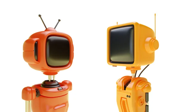 古いレトロなテレビや現実的なかわいい漫画スタイルのモニターの形で頭を持つ3Dフレンドリーなロボット サイボーグやアンドロイドを設定します テクノロジーの創造的なコンセプトデザイン 明るい面白いレンダリングイラスト — ストック写真