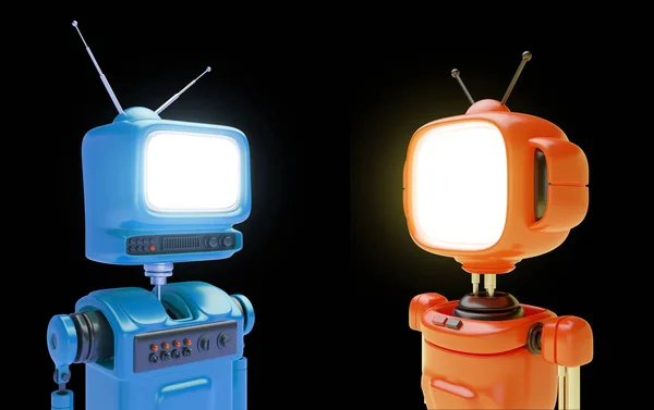 Set 3d friendly robot, cyborg or android with head in shape of an old retro TV or monitor in realistic cute cartoon style. Technology creative concept design. Bright funny render illustration.