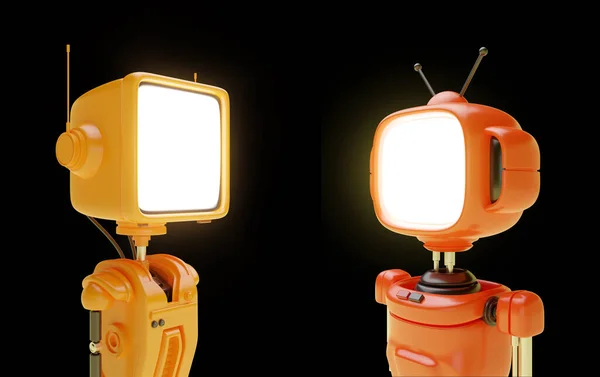 Set 3d friendly robot, cyborg or android with head in shape of an old retro TV or monitor in realistic cute cartoon style. Technology creative concept design. Bright funny render illustration.
