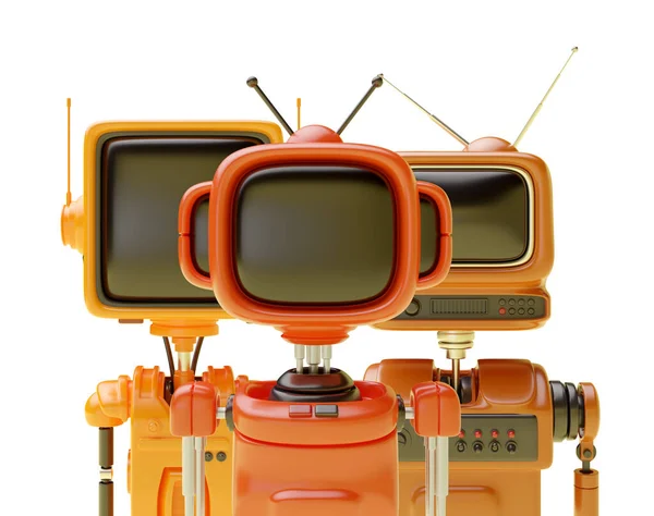 3d friendly robot, cyborg or android with head in shape of an old retro TV or monitor in realistic cute cartoon style. Technology creative concept design. Set bright funny render illustration.