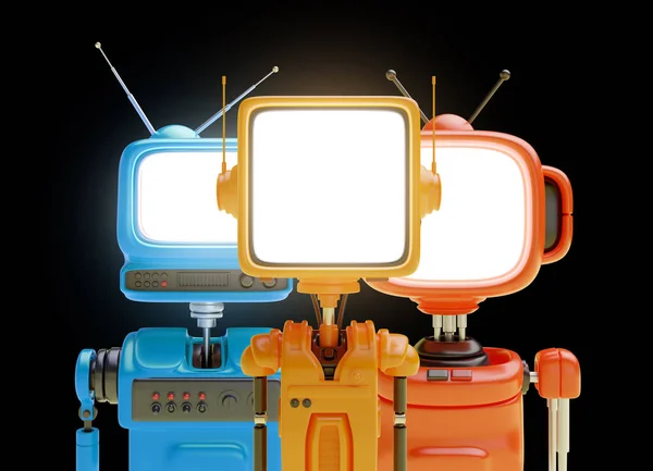 Friendly robot, cyborg or android with head in shape of an old retro TV or monitor in realistic cute cartoon style. Set technology creative concept design. Collection bright render 3d illustration.