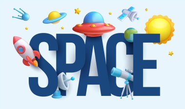Parlak şirin çocukların olduğu yazıt alanı en az tarzda nesneler. 3D gerçekçi karikatür uzay kompozisyonu. Roket, UFO, uydu, yıldız, gezegen, güneş, dünya, radar, teleskop. Vektör illüstrasyonu.