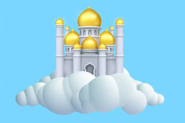 Realisztikus Vektor Mecset Vagy Kastély Repülő Fehér Felhő Mennyben Fényes — Stock Vector