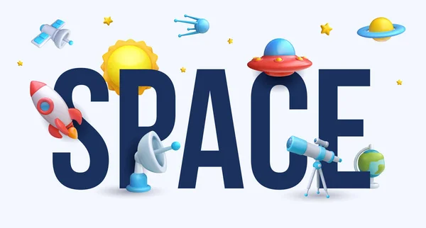 stock vector Inscription space with glossy cute children objects in minimal style. 3d realistic cartoon space composition. Rocket, ufo, satellite, star, planet, sun, globe, radar, telescope. Vector illustration.