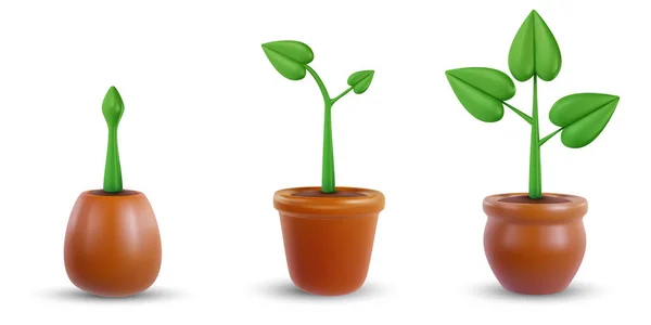 Nastav Květináče Malé Zelené Klíčky Nebo Rostliny Kompozice Kresleného Zahradního — Stockový vektor