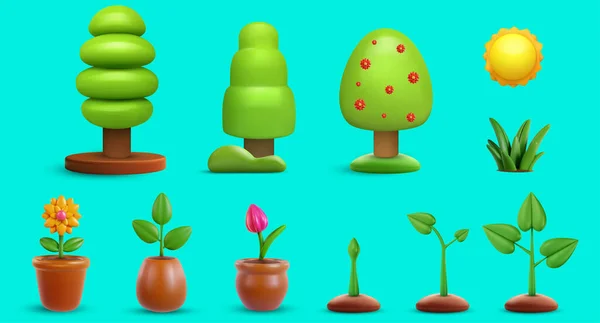 Установить Садовые Растения Коллекция Природных Объектов Синем Фоне Дерево Солнце — стоковый вектор