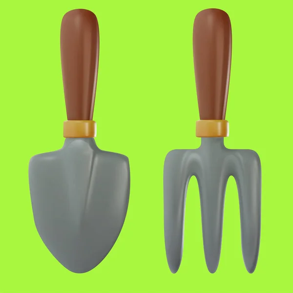 Garden Shovel Rake Isolated Green Background Cartoon Design Element Minimal — Stock Vector