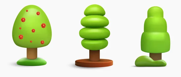 Установить Сад Лес Зеленые Деревья Различных Форм Трехмерный Мультипликационный Элемент — стоковый вектор