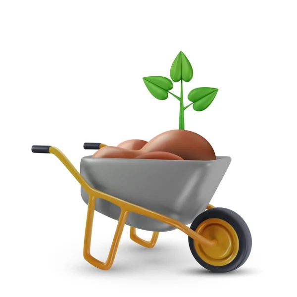 Wheelbarrow Χώμα Και Πράσινο Βλαστάρι Φυτό Σύνθεση Σχεδίου Κήπου Κινουμένων — Διανυσματικό Αρχείο
