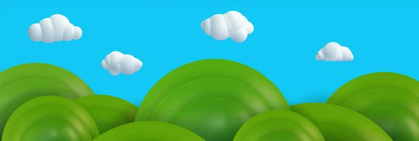 Realista Dibujos Animados Verdes Colinas Con Nubes Blancas Fondo Del — Archivo Imágenes Vectoriales