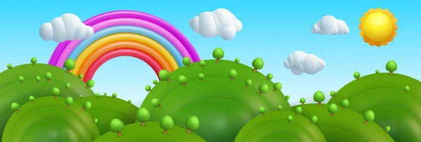 Cartoon Vector Landscape Composition Green Hills Trees Rainbow Sun White — Vettoriale Stock