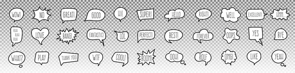 Set Hand Drawn Speech Bubbles Different Shapes Various Short Phrases — Stock Vector