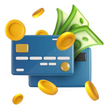 Önünde ve arkasında kağıt para ve gerçekçi paralarla birlikte vektör mavi kredi kartı. Parlak modern tasarım öğesi. Beyaz arkaplanda izole edilmiş yaratıcı 3D sanat çizimi.