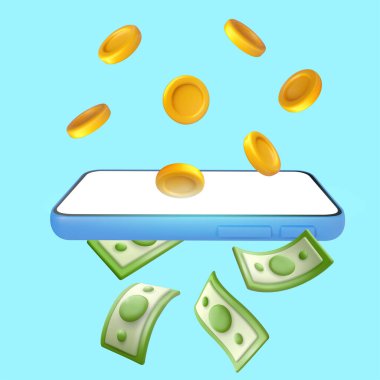 Uçan kağıt para ve çizgi film tarzı altın sikkelerle dolu 3D akıllı telefon. Finans sektörü konsepti. Yaratıcı dijital bankacılık kompozisyonu. Canlı illüstrasyon.