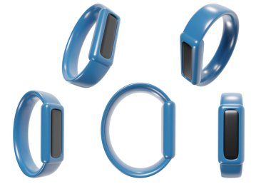 Canlı çizgi film mavi akıllı fitness izleyicisini beyaz arkaplanda izole edilmiş olarak ayarla. Koleksiyon, oyuncak stilinde en az parlak render aygıtı. Sevimli 3d illüstrasyon.