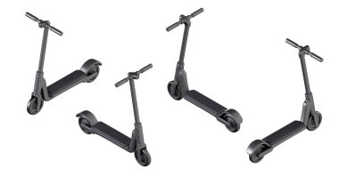 3D elektrikli scooter 'ı beyaz arkaplanda izole edilmiş farklı izometrik görüntüde ayarla. Gerçekçi canlandırma ekolojisi modern ulaşım. Parlak resimleme.