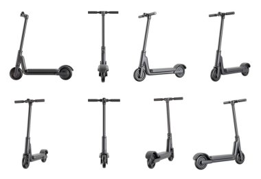 3D elektrikli scooter 'ı beyaz arka planda izole edilmiş farklı görüntülerde ayarla. Gerçekçi canlandırma ekolojisi modern ulaşım. Parlak resimleme.