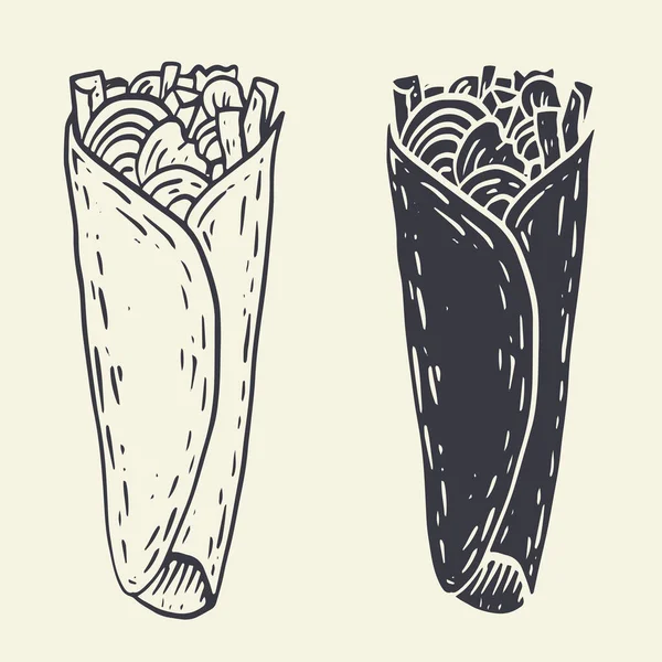 Doner Kebab Style Vintage Dessiné Main Dessin Animé Croquis Délicieux — Image vectorielle