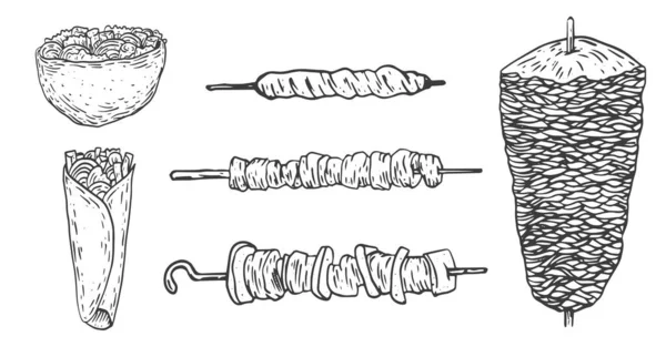 Kebab ในสไตล วาดด วยม นเทจ ภาพวาดการ นอาหารจานด วนแสนอร การออกแบบกราฟ กแกะสล — ภาพเวกเตอร์สต็อก