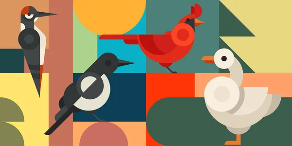 Fond Abstrait Géométrique Avec Des Oiseaux Couleur Plate Style Minimal — Image vectorielle