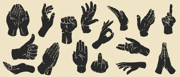 Hand Drawn Silhouettes Hands Retro Monochrome Style Set Different Gestures — Stock Vector