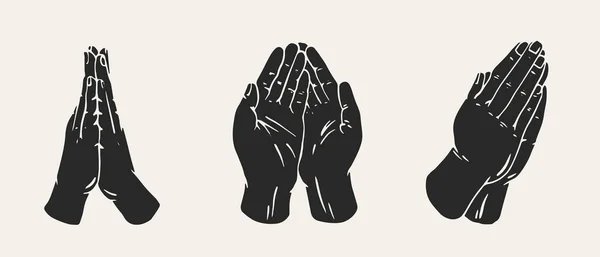 Defina Mãos Oração Monocromáticas Estilo Simples Sorteio Coleção Vários Gestos —  Vetores de Stock