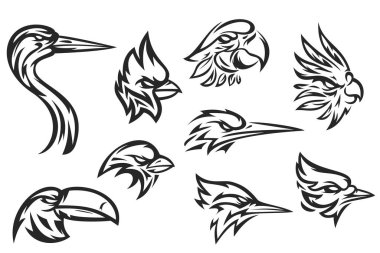 El yapımı siluetler baş balıkçıl, papağan, kırmızı kardinal, serçe, kralbalıkçı, tukan, ağaçkakan, mavi karga. Tasarım maskotu, etiket, rozet, amblem, baskı şablonu. Tek renkli illüstrasyon.