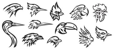 El yapımı siluet baş kuş balıkçıl, papağan, kırmızı kardinal, serçe, kralbalıkçı, tukan, ağaçkakan, mavi karga, şahin, kuzgun, horoz. Maskot, etiket, rozet, amblem, baskı için şablon ögeleri.