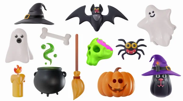 Feliz Halloween Elementos Festivos Estilo Realista Dibujos Animados Murciélago Araña — Vector de stock