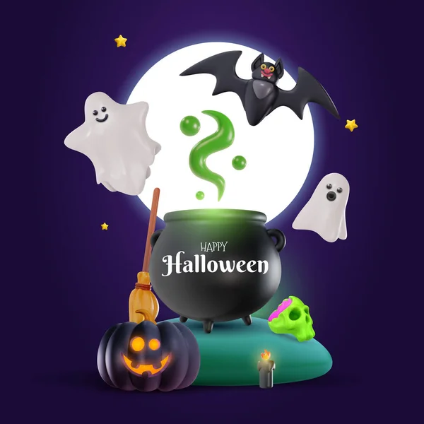 Vektor Roztomilý Halloween Umělecké Složení Kresleném Stylu Čarodějnice Kopci Dýní — Stockový vektor